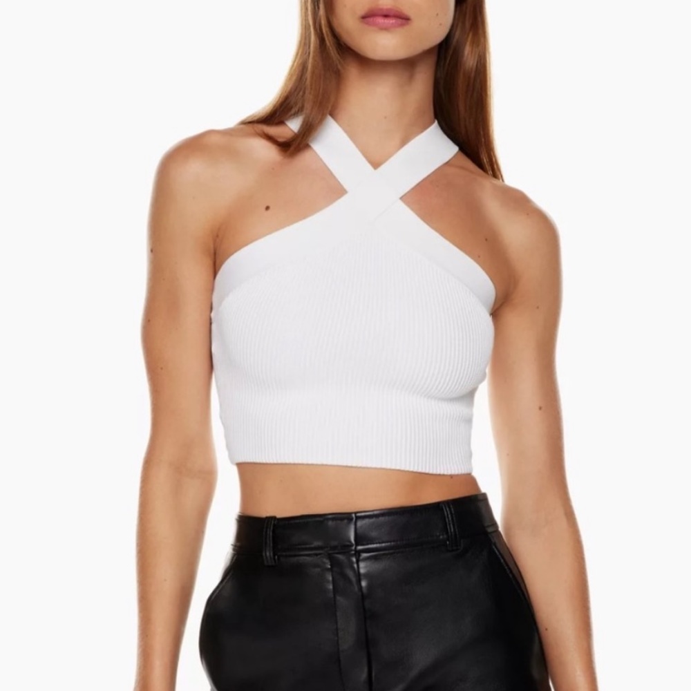 Aritzia BABATON Sculpt Knit Criss Cross Cropped Tank White